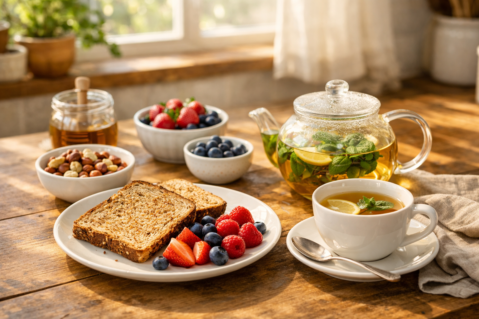 Healthy breakfast table setting with whole grain toast, fresh berries, herbal tea, and a small bowl of nuts, soft morning light coming through window, cozy kitchen atmosphere